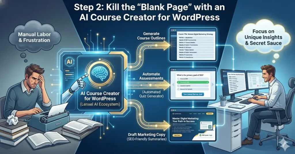 An infographic titled ‘Step 2: Kill the “Blank Page” with an AI Course Creator for WordPress.’ On the left, a frustrated person works at a typewriter under a ‘Manual Labor & Frustration’ thought bubble. In the center, the ‘Lenxel AI Ecosystem’ uses a robotic arm and brain icon to automate tasks. Arrows point to three digital displays: ‘Generate Course Outlines,’ ‘Automate Assessments (Automated Quiz Generator),’ and ‘Draft Marketing Copy.’ On the right, a smiling professional works at a modern computer desk under a thought bubble that reads ’Focus on Unique Insights & Secret Sauce.