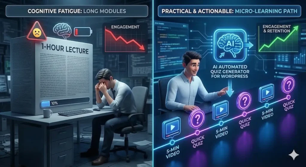 A split-screen 3D illustration titled ‘Cognitive Fatigue vs. Practical & Actionable Micro-learning.’ The left side shows a frustrated student overwhelmed by a massive ‘1-Hour Lecture’ text block, a low battery icon, and a red declining engagement graph. The right side shows a happy, refreshed student following a ‘Micro-learning Path’ consisting of a sequence of 5-minute videos followed immediately by ‘Quick Quizzes.’ A glowing blue AI brain icon, labeled ‘AI Automated Quiz Generator for WordPress,’ is shown placing the quiz markers, resulting in a green rising graph for engagement and retention.