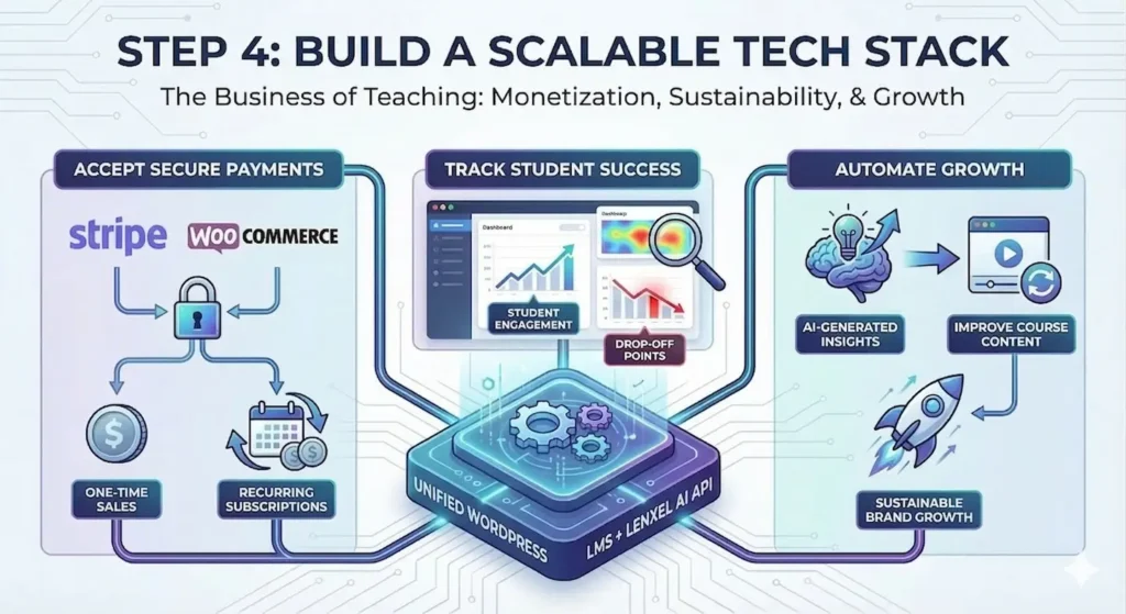 An infographic titled ‘Step 4: Build a Scalable Tech Stack – The Business of Teaching: Monetization, Sustainability, & Growth.’ A central circuit board labeled ‘Unified WordPress: LMS + Lenxel AI API’ connects to three sections. The first, ‘Accept Secure Payments,’ features Stripe and WooCommerce logos with icons for one-time sales and recurring subscriptions. The second, ‘Track Student Success,’ shows a dashboard with engagement charts, heatmaps, and drop-off points. The third, ‘Automate Growth,’ shows a process where AI-generated insights lead to improved course content and a rocket icon symbolizing sustainable brand growth.