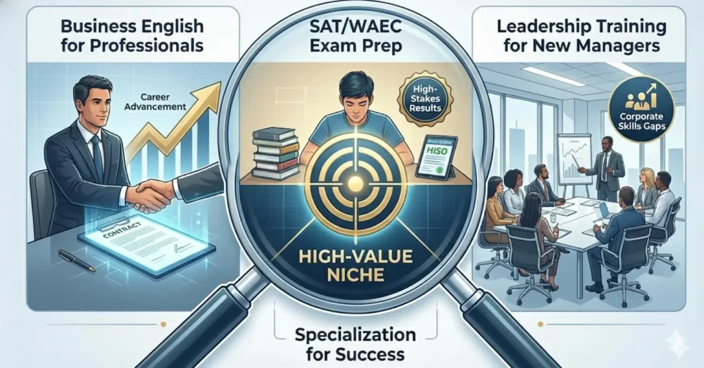 An infographic titled ‘Identify Your High-Value Niche’ highlighting specialization for success in online teaching. It features a central magnifying glass focusing on a target labeled ‘High-Value Niche’ and ‘Specialization for Success,’ surrounded by three examples: ‘Business English for Professionals’ for career advancement, ‘SAT/WAEC Exam Prep’ for high-stakes results, and ‘Leadership Training for New Managers’ targeting corporate skills gaps.