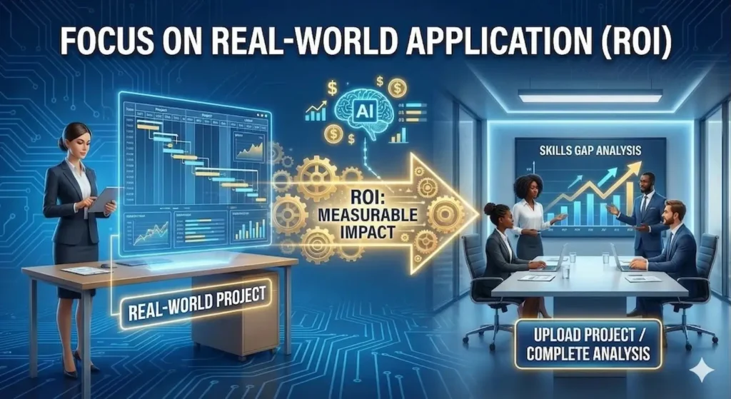 A digital illustration titled “FOCUS ON REAL-WORLD APPLICATION (ROI)” at the top. On the left, a woman in business attire stands at a desk, holding a tablet and looking at a holographic screen labeled “REAL-WORLD PROJECT” with data and a timeline. A glowing arrow made of gears and dollar signs, with an AI brain icon above it, points from the left to the right, with the text “ROI: MEASURABLE IMPACT” inside. The arrow points to a conference room on the right where a diverse team of four professionals discusses a large screen labeled “SKILLS GAP ANALYSIS” displaying growth charts. Below the screen is a button labeled “UPLOAD PROJECT / COMPLETE ANALYSIS.” The entire scene is set against a blue background with a circuit board pattern.