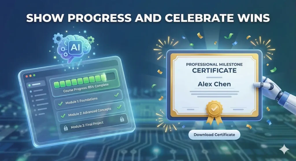 A digital illustration with the title “SHOW PROGRESS AND CELEBRATE WINS” at the top. On the left, a glowing tablet interface shows “Course Progress: 85% Complete” with a green progress bar. Below it, “Module 1: Foundations” and “Module 2: Advanced Concepts” are marked with green checkmarks, while “Module 3: Final Project” is locked. An AI brain icon floats above the tablet. On the right, a robotic hand holds a framed “PROFESSIONAL MILESTONE CERTIFICATE” awarded to “Alex Chen,” with a gold seal and ribbon, surrounded by confetti. Below the certificate is a “Download Certificate” button. The background is a blue circuit board pattern.