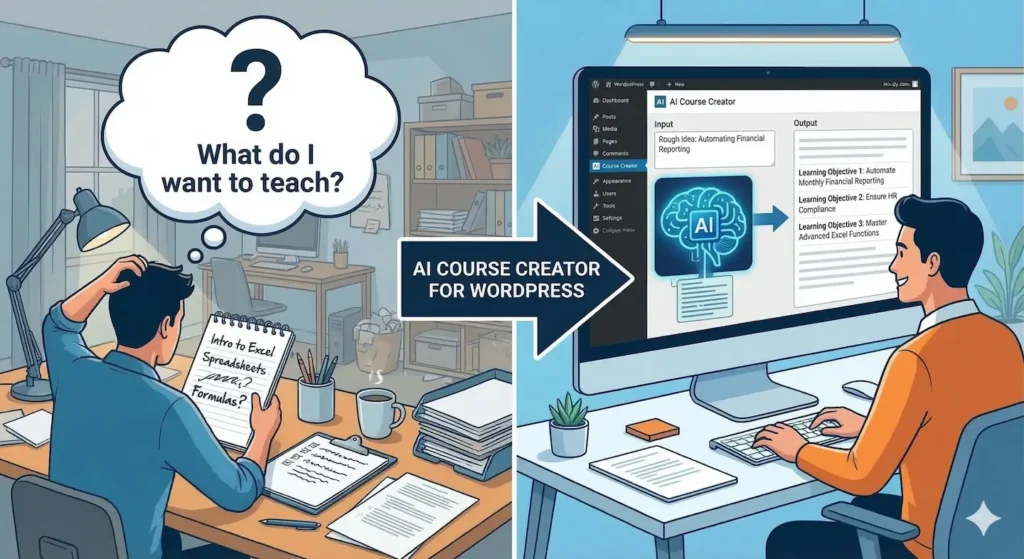 A split-screen illustration titled ‘AI Course Creator for WordPress’ comparing manual course planning with AI automation. The left side shows a frustrated creator at a cluttered desk with a thought bubble asking ‘What do I want to teach?’ and a notebook labeled ‘Intro to Excel.’ An arrow points to the right side, showing a satisfied professional at a clean workstation using an ‘AI Course Creator.’ The screen shows a rough idea for ‘Automating Financial Reporting’ being transformed into structured learning objectives, including ‘Automate Monthly Financial Reporting’ and ’Ensure HR Compliance.