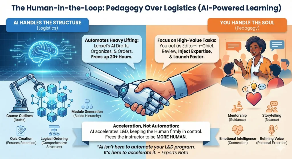 An infographic demonstrating the ‘Human-in-the-Loop’ philosophy in AI-powered learning. It shows a robotic hand and human hand shaking, illustrating how AI handles the logistics and structure of a course, freeing the human educator to focus on pedagogy and the ‘soul’ of teaching.