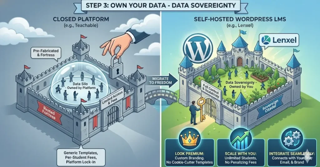 A split-screen infographic titled ‘Step 3: Own Your Data - Data Sovereignty’. The left side shows a ‘Closed Platform (e.g., Teachable)’ as a grey ‘Rented Fortress’ where a hand locks a padlock on students trapped in a ‘Data Silo’. It lists drawbacks like ‘Generic Templates,’ ‘Per-Student Fees,’ and ‘Platform Lock-in’. An arrow labeled ‘Migrate to Freedom’ points to the right side, showing a ‘Self-Hosted WordPress LMS (e.g., Lenxel)’ as a bright ‘Sovereign Citadel’ where a user holds a key to their own data. Benefits listed include ‘Look Premium,’ ‘Scale With You’ (unlimited students), and ‘Integrate Seamlessly’ with site, email, and brand