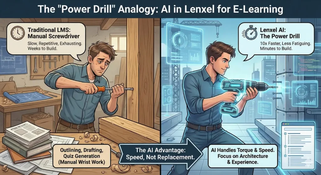 Infographic illustrating Lenxel’s hybrid approach to e-learning, bridging the gap between the manual effort of traditional WordPress LMS platforms and the automated power of closed AI-first platforms.